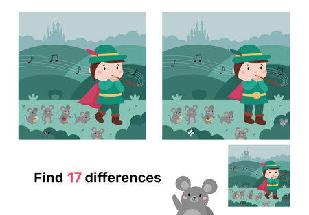 find differences. Educational game for kids. Classical fairy tale. The pied piper of Hamelin playing flute with mice. Cute kawaii cartoon characters. Puzzle for kids. vector illustration.のイラスト素材