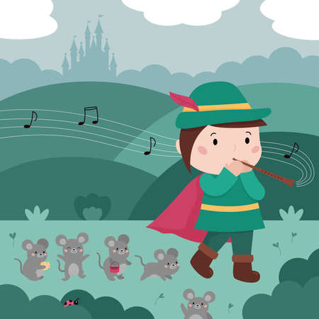 Pied Piper of Hamelin. German fairy tale for children. cute cartoon characters. Kawaii mice. The boy playing flute. Background with castle. Vector illustration for book.のイラスト素材