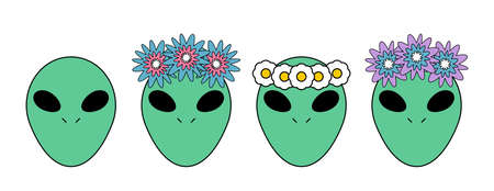 Alien faces with flower wreath on head. cartoon character. vector illustration.のイラスト素材