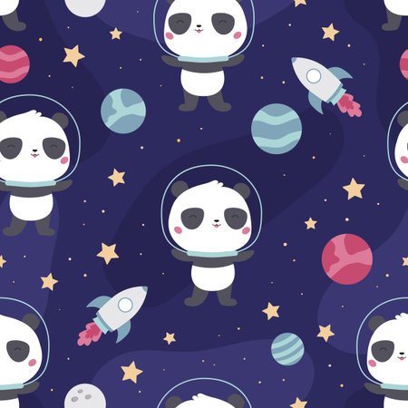 Childish seamless pattern with cute panda on space background. Cartoon kawaii animal. Flat style spaceship, planets, stars and moon. vector illustration.のイラスト素材