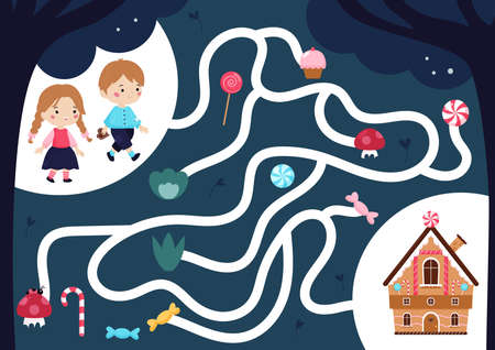 Maze game with Hansel and Gretel. Fairy tale cartoon characters. Help children find path to candy house. Puzzle for kids. Educational worksheet. Vector illustration.のイラスト素材