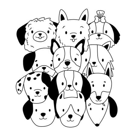 Doodle set of dogs faces. Cartoon animals. Different breeds of dogs. Hand drawn puppies heads. White and black vector illustration.のイラスト素材