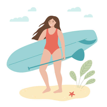Girl with SUP board. Cartoon flat female character in swimsuit. Surfer woman holding paddle board. Beach vacation. Summer outdoor activity. Vector illustration.のイラスト素材