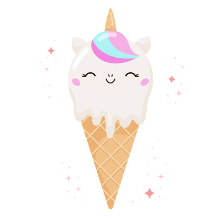 Kawaii unicorn ice cream with bubble gum taste. Cartoon food dessert bakery product. Round pony in the waffle cone. Vector illustration.のイラスト素材