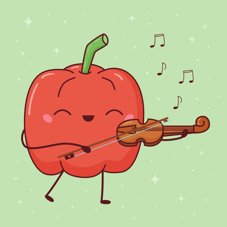 Kawaii pepper playing violin. Cartoon vegetable character on green background. Classical musical instrument. Doodle vector illustration.のイラスト素材