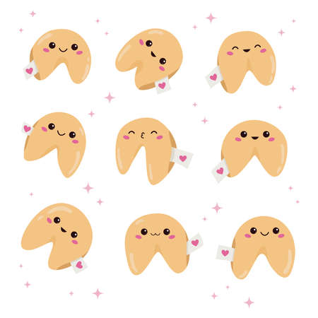 Kawaii fortune cookies with funny faces. Cartoon food. Flat style dessert. Fortune cookies with blank paper template. Vector illustration.のイラスト素材