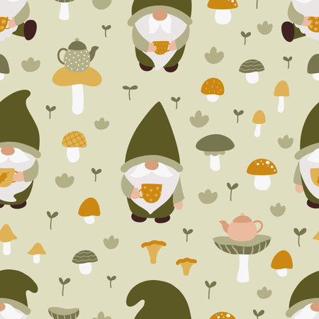 Seamless pattern with cute gnomes, tea cups and mushrooms. Fairy tale cartoon characters. Cartoon forest gnomes. Vector illustration.のイラスト素材