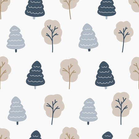 Abstract forest scandinavian hand drawn seamless pattern. Nature background with trees. Vector illustration for textile design, wallpaper, wrapping paper and decor.のイラスト素材