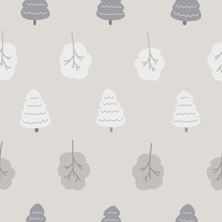 Abstract forest seamless pattern. Hand drawn trees on gray background. Pastel neutral colors. Vector illustration for textile design, wallpaper, wrapping paper and decor.のイラスト素材