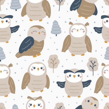 Forest seamless pattern with cute owls on white background. Funny cartoon birds. Hand drawn trees. Perfect for textile, wallpaper and wrapping paper design. Vector illustration.のイラスト素材