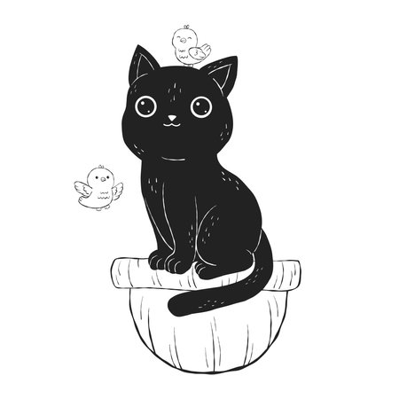 Black cat on nest with birds. Hand drawn animals. Doodle characters. Vector illustration.のイラスト素材