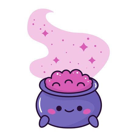 Kawaii witch cauldron with pink potion on white background. Cartoon vector character. Halloween sticker. Cauldron with cute face. Vector illustration.のイラスト素材