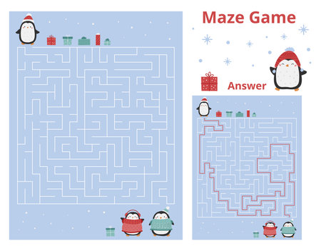 Christmas maze game with funny penguins and gifts. Educational activity worksheet. Labyrinth with solution. Christmas workbook. Kawaii animals. Vector illustration.のイラスト素材
