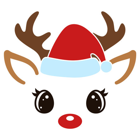 Christmas reindeer face with Santa Claus hat on white background. Cute cartoon animal. Kawaii deer with red nose. Flat style design. Winter holiday print. Vector illustration.のイラスト素材