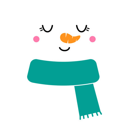 Cute snowman face with scarf. Snowman head on white background. Christmas vector illustration.のイラスト素材