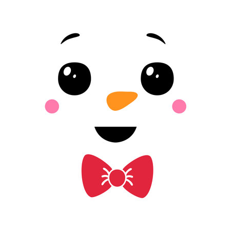 Funny snowman face on white background. Snowman head with red bow. Christmas decoration. Cartoon flat style vector illustration.のイラスト素材