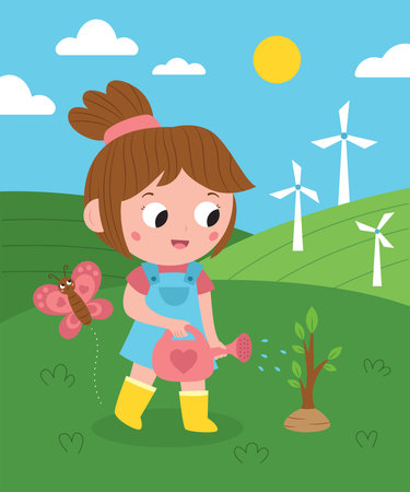 Cute girl watering a tree. Farm background with wind turbines. Zero waste. Save the planet. Kawaii cartoon characters. Vector illustration for children.のイラスト素材