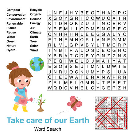 Word search game. Earth day theme. Educational puzzle for kids. Learn English. Zero waste. Activity page for children. Vector illustration.のイラスト素材