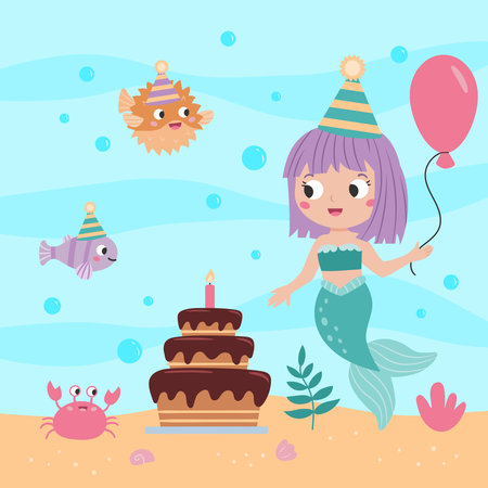 Happy birthday greeting card with cute mermaid, fish and seaweeds. Cartoon kawaii characters. Fairy tale vector illustration.のイラスト素材