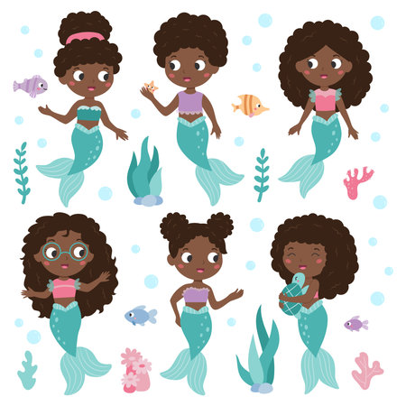 Set of mermaid with dark skin and curly hair. Cute cartoon characters. Flat style seaweeds, underwater plants and fish. Vector illustration.のイラスト素材