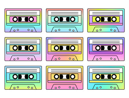 Vintage cassette tape. Retro mixtape. Disco dance audio cassette. Colorful gradients. Isolated on white background. Vector illustration.のイラスト素材