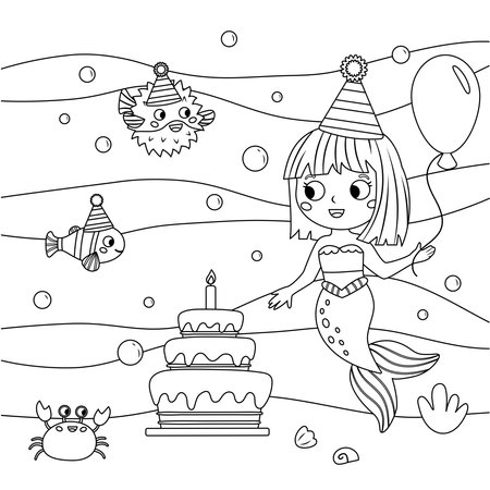 Coloring page with mermaid, fish and crab. Underwater animals. Birthday party. Cute cartoon characters. Fairy tale. Black and white vector illustration for childrens coloring book.のイラスト素材