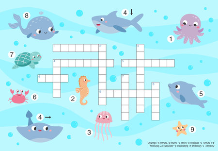 Sea animals crossword. Educational puzzle game for children. Cute cartoon characters. Printable worksheet for preschool kids. Vector illustration.のイラスト素材
