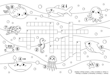 Sea and ocean animals crossword. Coloring page. Educational puzzle game for kids. Cute cartoon characters. Printable worksheet for preschool children. Vector illustration.のイラスト素材