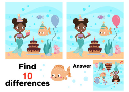 Educational game for children. Find 10 differences. Birthday theme. Printable puzzle. Cute mermaid and fish. Fairy tale. Vector illustration for children workbook.のイラスト素材