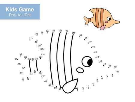 Dot to dot educational game for kids. Cute cartoon fish. Numbers game. Activity worksheet for children. Connect the dots and color. Vector illustration.のイラスト素材