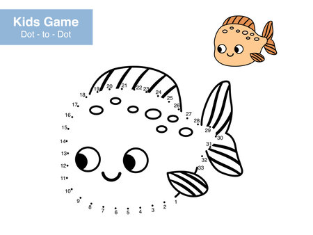Dot to dot game. Cute fish. Cartoon sea animals. Learn numbers. Educational puzzle. Printable activity page for children. Connect the dots and color. Vector illustration.のイラスト素材