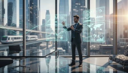 Businessman interacts with digital data in a modern office with city view during day timeの写真素材