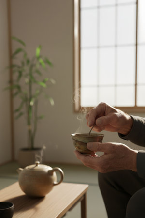 Person holds a steaming bowl while sitting beside a wooden table with a teapot and a plant by a window during the dayの写真素材