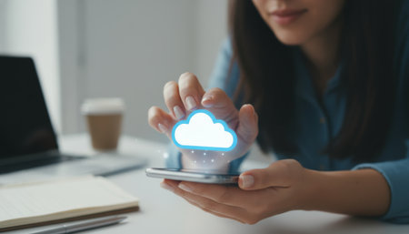 Person uses a smartphone with a cloud symbol above it in a modern office setting during daylight hoursの写真素材