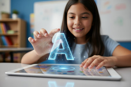 Girl plays with letters on a tablet in a classroom setting during school hours showing engagement and use of technologyの写真素材
