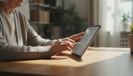 Woman uses a tablet to take notes or browse information in a well-lit indoor space during the daytimeの写真素材