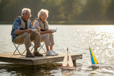 Elderly couple enjoys remote-controlled sailing on a lake near a wooden dock in a natural setting with small boatsの写真素材