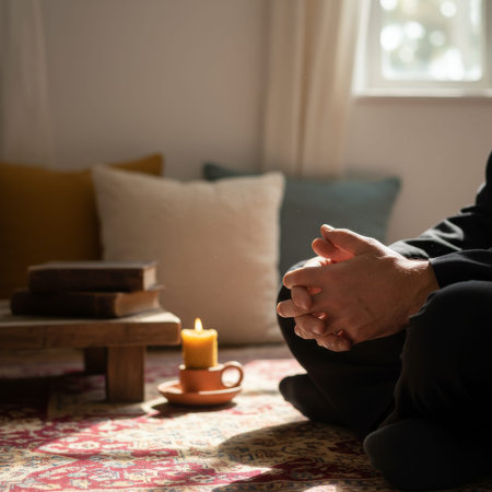 Person sits on floor with hands clasped, surrounded by cushions and a candle in a cozy room during...