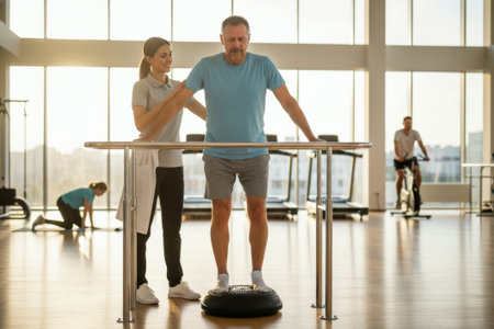 Physical therapy session with a middle-aged man working on balance in a gym with large windows during daylight hoursの写真素材