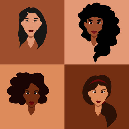 women with different skin colors and different nationalities. women of different nationalities. Feminism, Sisterhood, Equality. Women's friendshipのイラスト素材