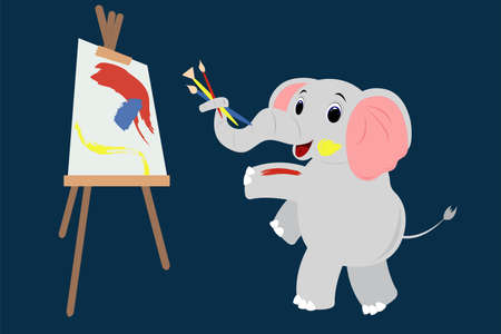 an elephant draws with paints on an easel. drawing lesson at schoolのイラスト素材