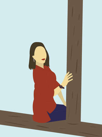 A young girl sitting on a treeのイラスト素材