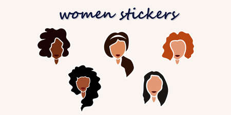 Stickers of different women. women with different skin colors and different nationalities. women of different nationalities. Feminism, Sisterhood, Equality. Women's friendshipのイラスト素材