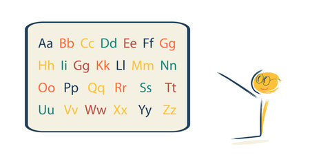 the character teaches the alphabet. Image of letters of the alphabet on a blackboard, school, children, learning, education, spellingのイラスト素材