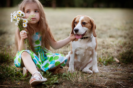 little girl with the dog outdoorsの写真素材