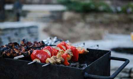 Vegetables fried on coals. Grilled vegetables. Grilled bell pepper. Grilled mushrooms.
