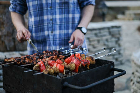Vegetables fried on coals. Grilled vegetables. Grilled bell pepper. Grilled mushrooms.の写真素材