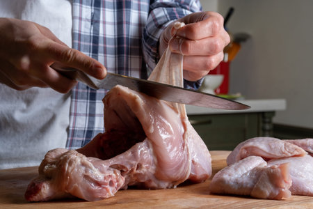 The man removes the skin from the raw chicken breast. Cutting the chicken into pieces.の写真素材