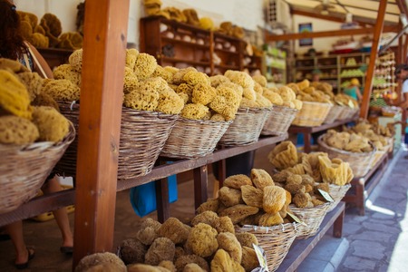 A natural sea sponges in the shop at Symi island, Greeceの写真素材