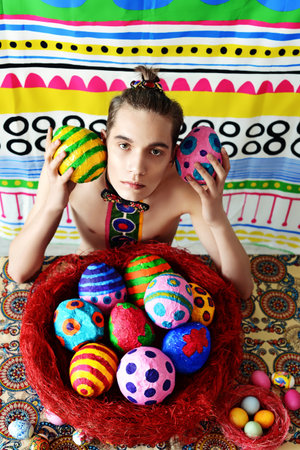 Easter eggs. I basket of eggs. Easter background
